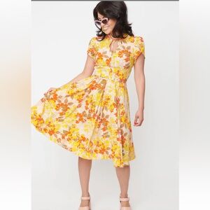 Unique Vintage Yellow & Orange Floral Print Dahlia Swing Dress -